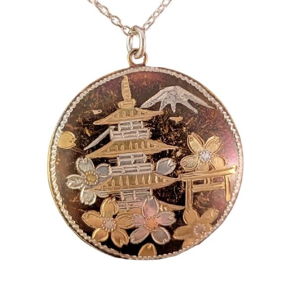 Vintage Sterling Japanese Pagoda Damascene Hand Etched Pendant Neckl… - Picture 1 of 7